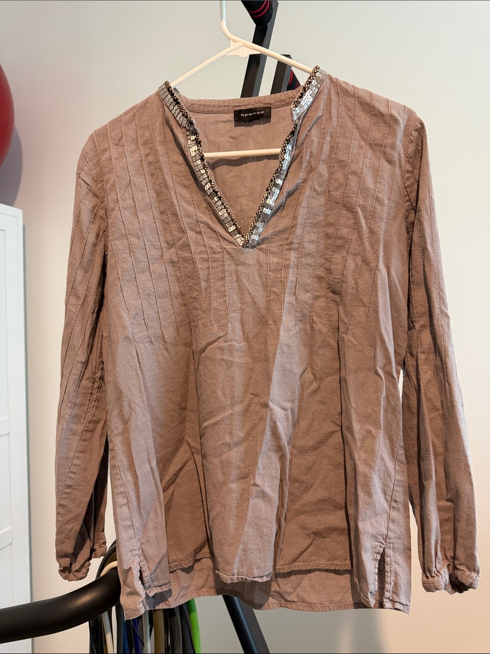 Espresso Beaded V-Neck Long Sleeve Top - Taupe